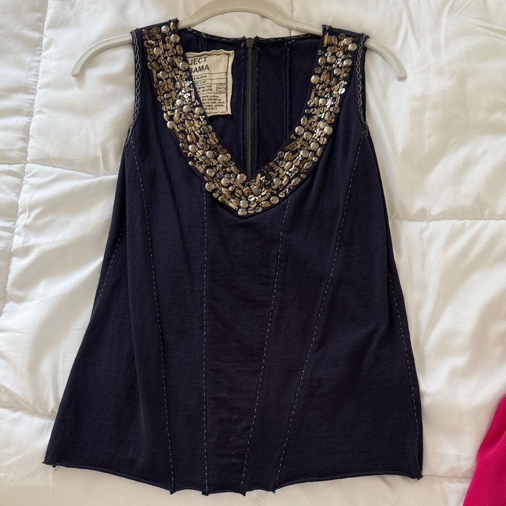 Embellished Navy Sleeveless Blouse